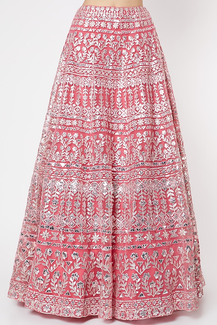 Pink Net Applique & Mirror Embroidered Bridal Lehenga Set by Aneesh Agarwaal at Pernia's Pop Up Shop