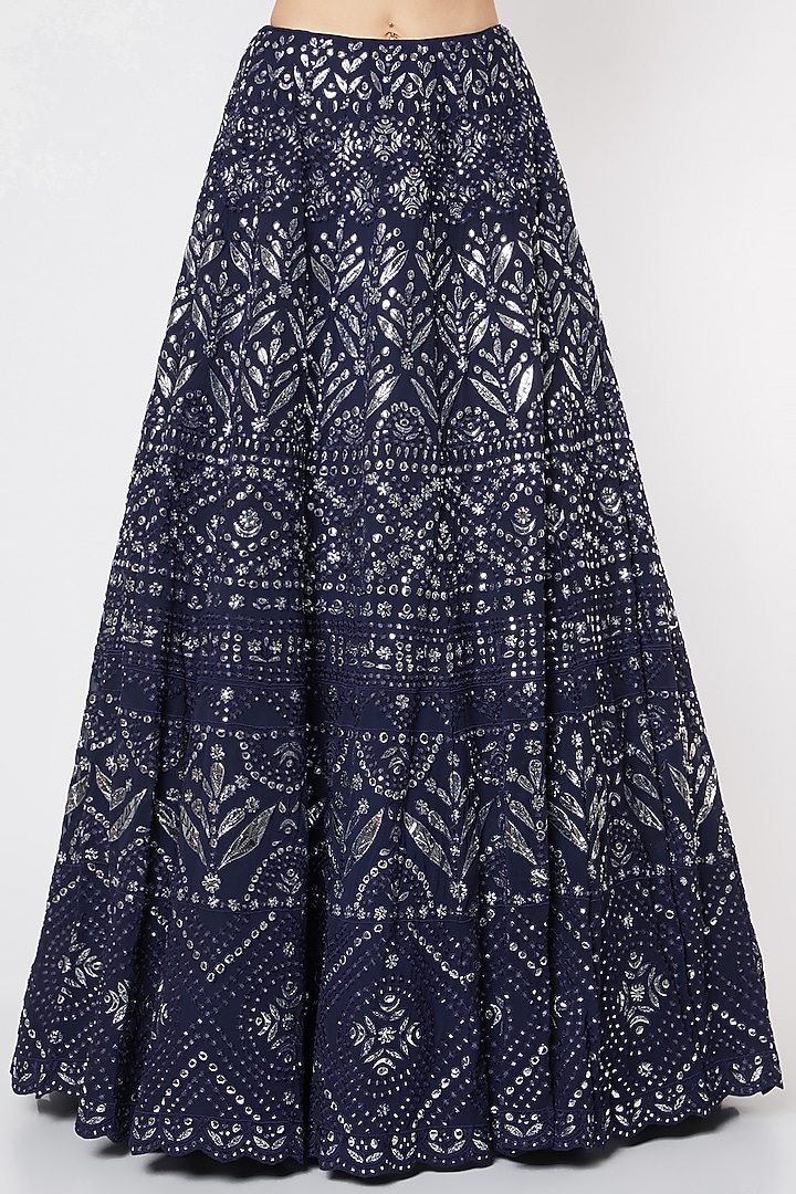 Navy Blue Georgette Applique & Mirror Embroidered Bridal Lehenga Set by Aneesh Agarwaal at Pernia's Pop Up Shop