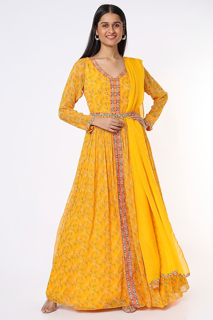 Yellow Printed & Embroidered Wedding Anarkali Set by Aneesh Agarwaal PRET at Pernia's Pop Up Shop