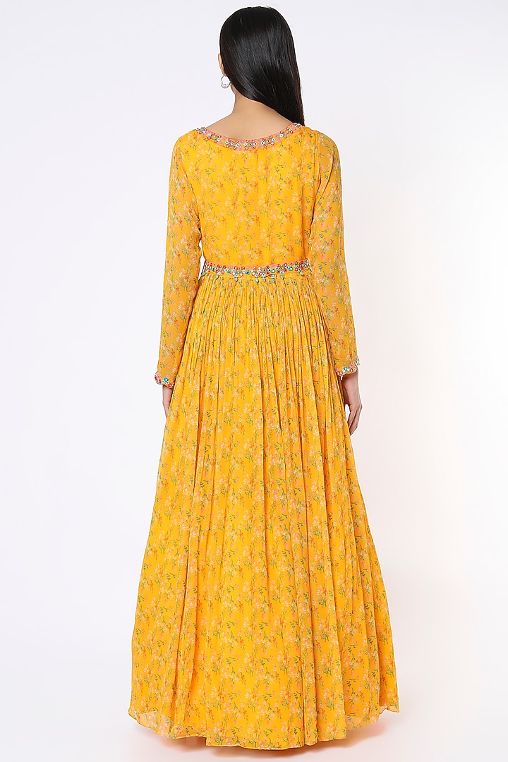 Yellow Printed & Embroidered Wedding Anarkali Set by Aneesh Agarwaal PRET at Pernia's Pop Up Shop