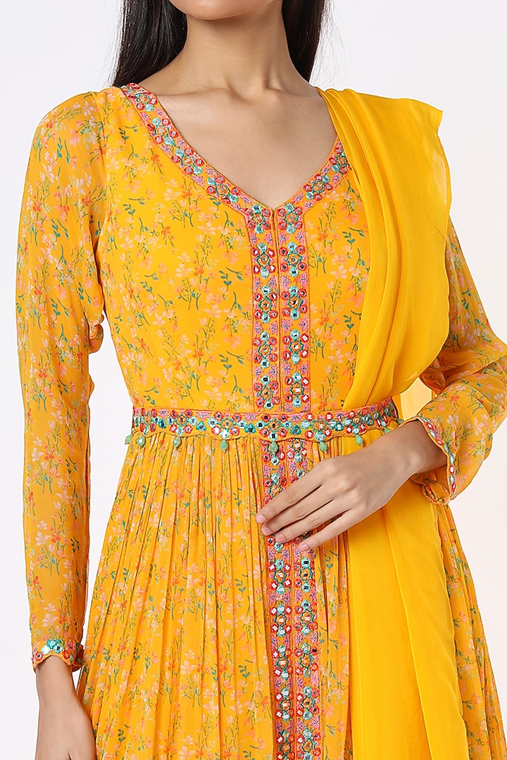 Yellow Printed & Embroidered Wedding Anarkali Set by Aneesh Agarwaal PRET at Pernia's Pop Up Shop