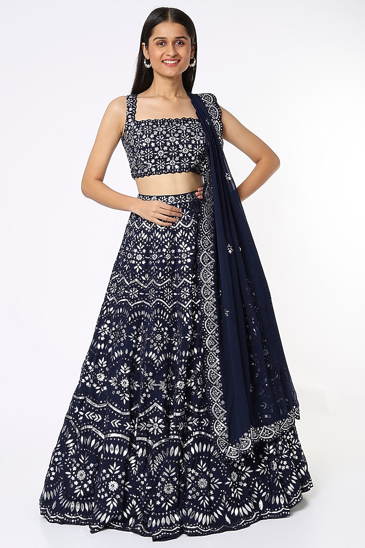 Navy Blue Embroidered Bridal Lehenga Set by Aneesh Agarwaal at Pernia's Pop Up Shop