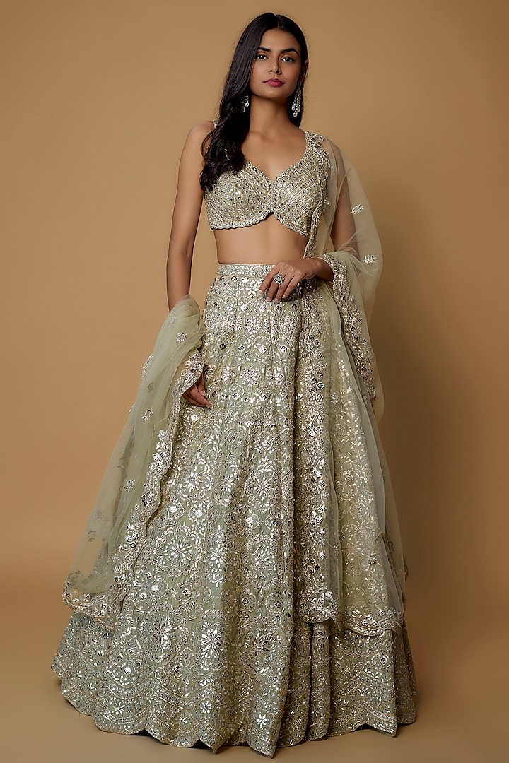 Beige Soft Organza Embroidered Bridal Lehenga Set by Aneesh Agarwaal at Pernia's Pop Up Shop