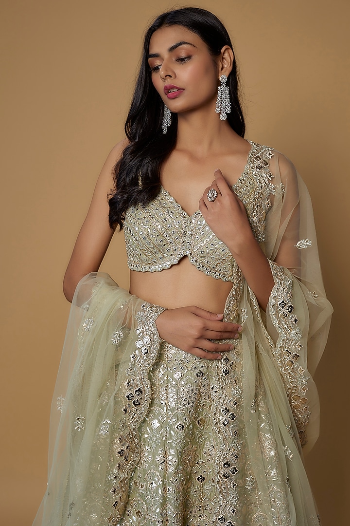 Beige Soft Organza Embroidered Bridal Lehenga Set by Aneesh Agarwaal at Pernia's Pop Up Shop