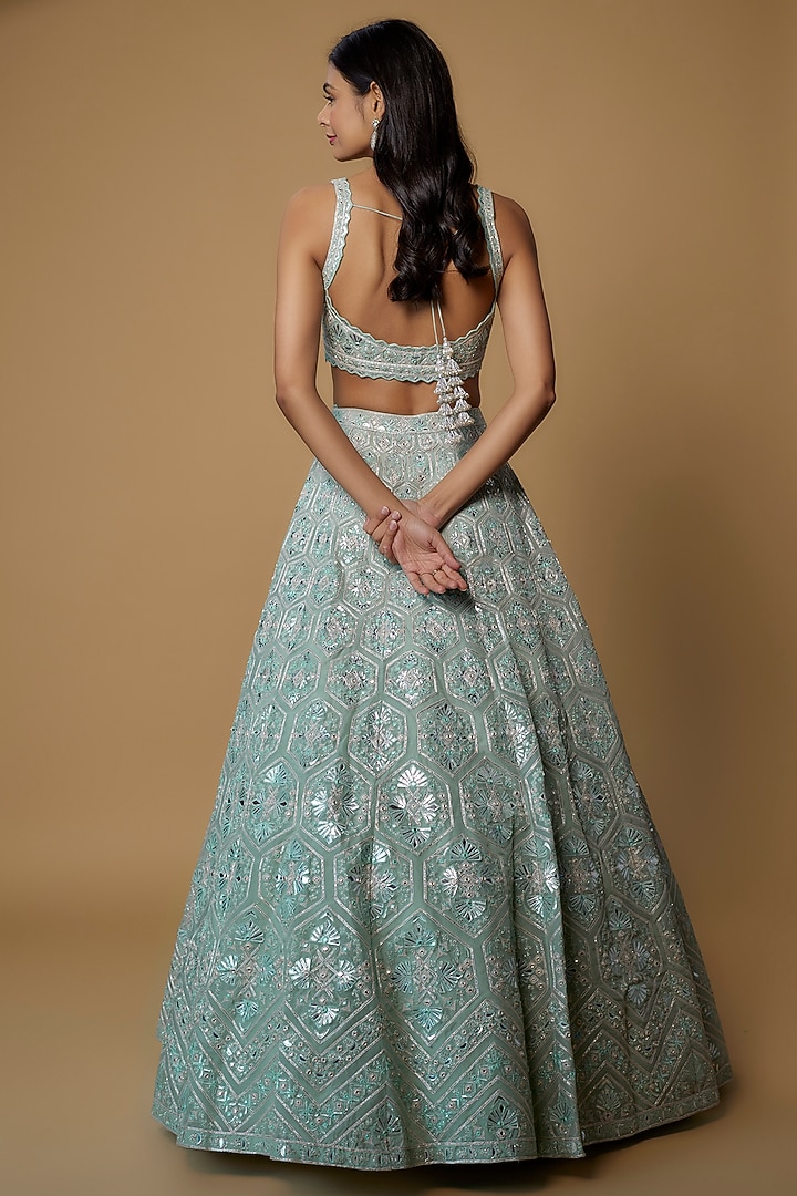 Powder Blue Net Embroidered Bridal Lehenga Set by Aneesh Agarwaal at Pernia's Pop Up Shop