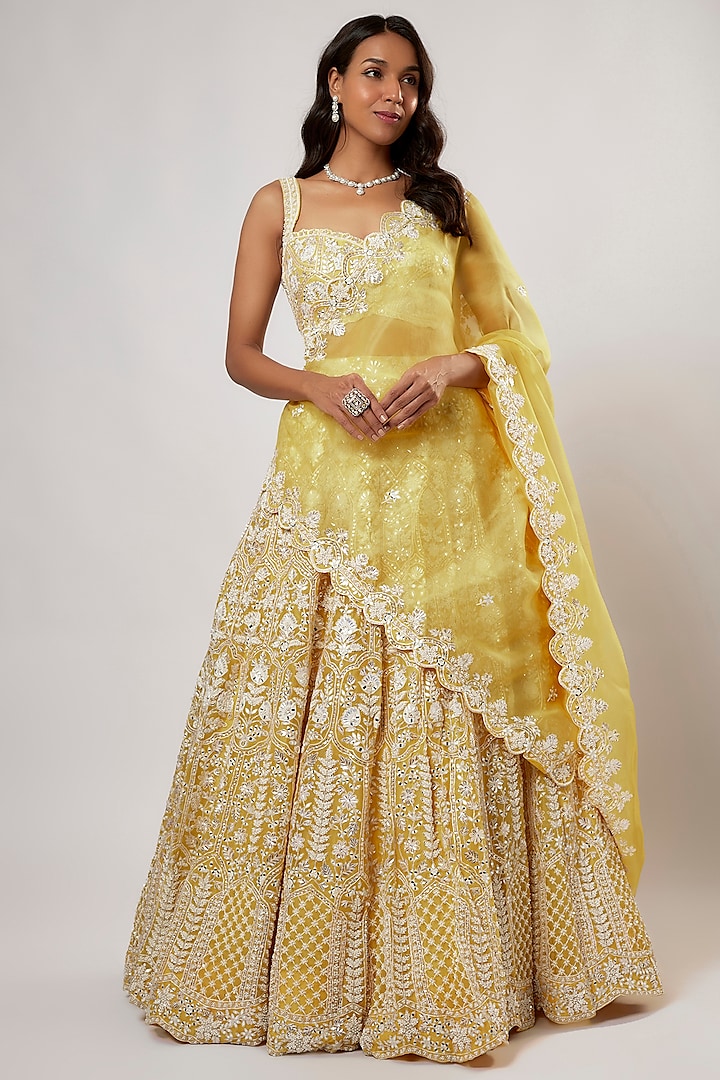 Yellow Organza Pearl Embroidered Bridal Lehenga Set by Aneesh Agarwaal at Pernia's Pop Up Shop