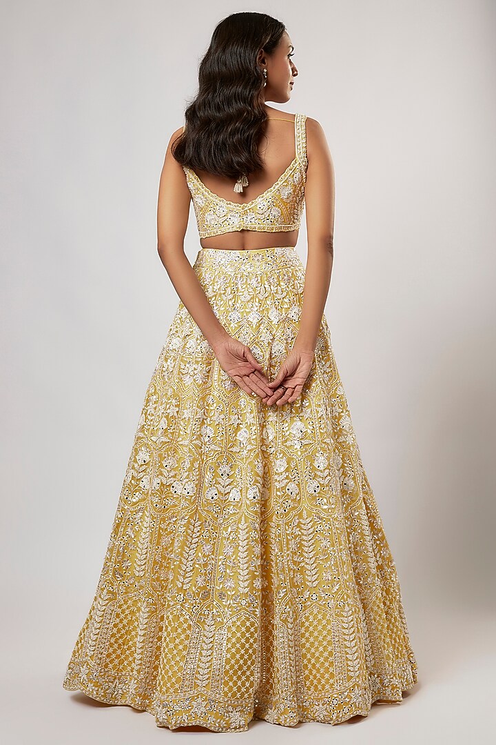 Yellow Organza Pearl Embroidered Bridal Lehenga Set by Aneesh Agarwaal at Pernia's Pop Up Shop
