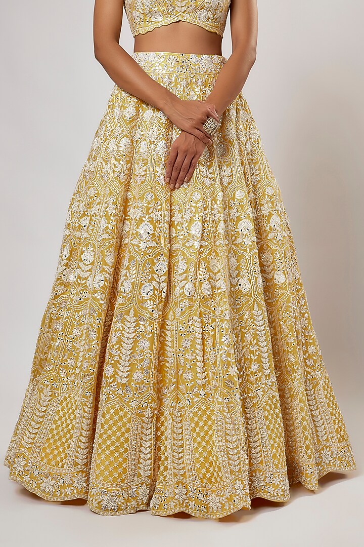Yellow Organza Pearl Embroidered Bridal Lehenga Set by Aneesh Agarwaal at Pernia's Pop Up Shop