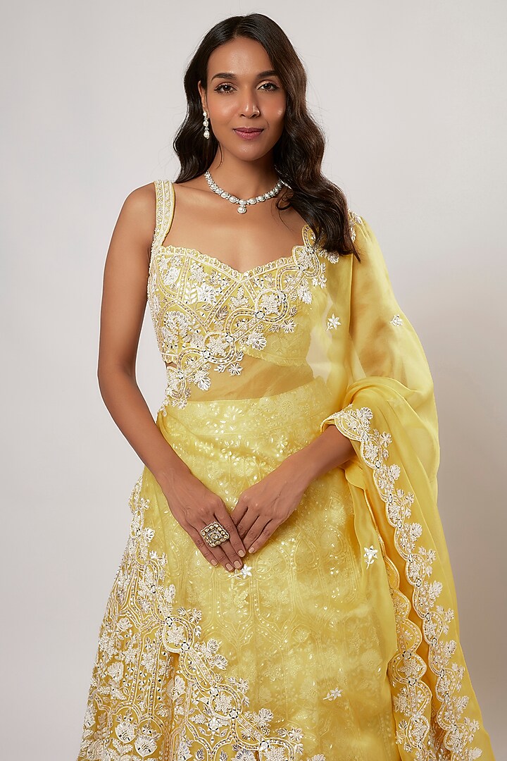 Yellow Organza Pearl Embroidered Bridal Lehenga Set by Aneesh Agarwaal at Pernia's Pop Up Shop