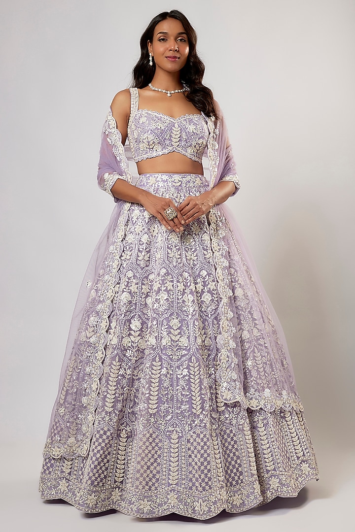 Lavender Organza Pearl Embroidered Bridal Lehenga Set by Aneesh Agarwaal at Pernia's Pop Up Shop