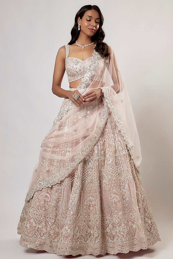 Pink Organza Pearl Embroidered Bridal Lehenga Set by Aneesh Agarwaal at Pernia's Pop Up Shop