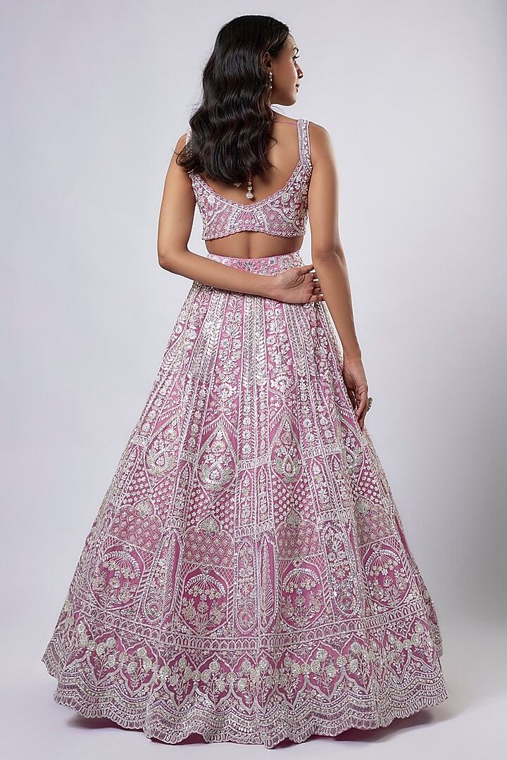 Pink Organza Pearl Embroidered Bridal Lehenga Set by Aneesh Agarwaal at Pernia's Pop Up Shop