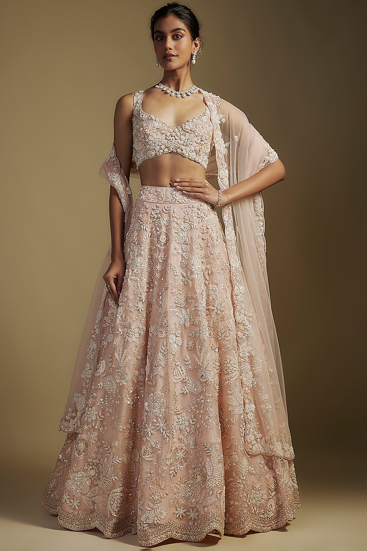 Pearl White Organza Embroidered Bridal Lehenga Set by Aneesh Agarwaal at Pernia's Pop Up Shop