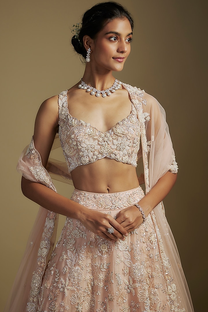 Pearl White Organza Embroidered Bridal Lehenga Set by Aneesh Agarwaal at Pernia's Pop Up Shop
