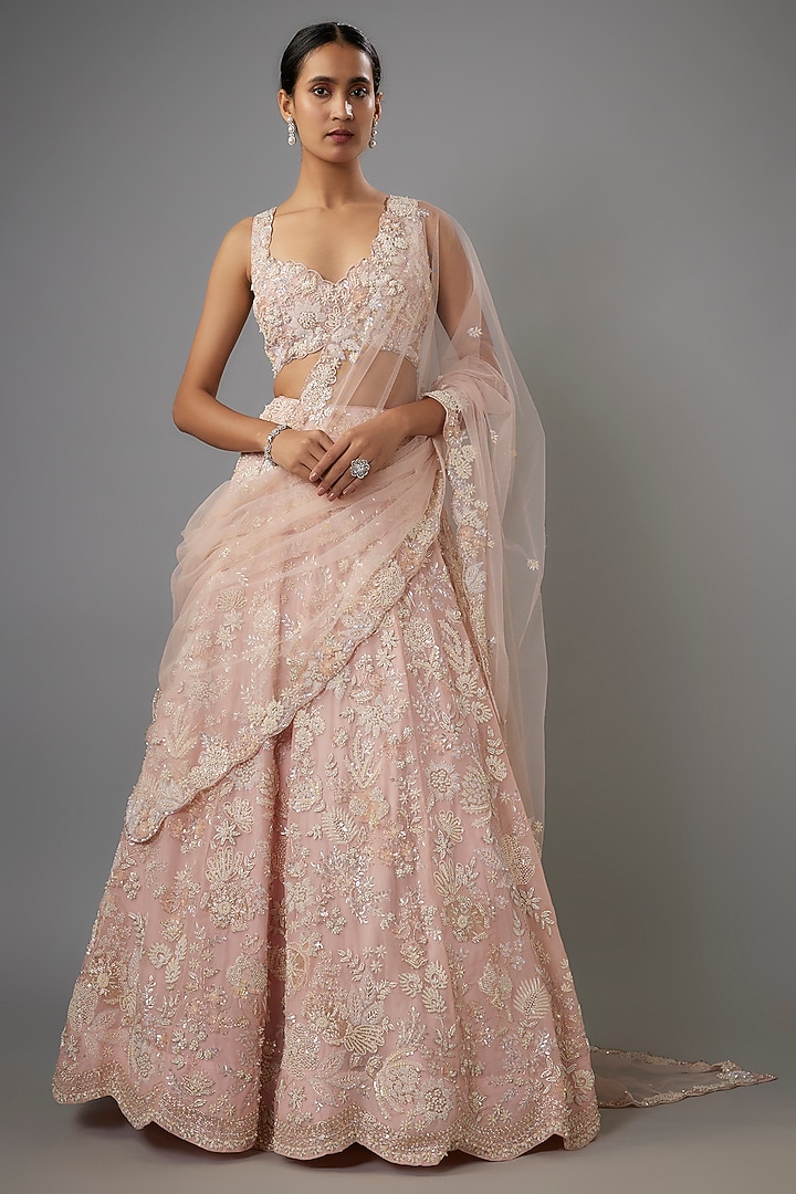 Blush Organza Bridal Lehenga Set by Aneesh Agarwaal at Pernia's Pop Up Shop