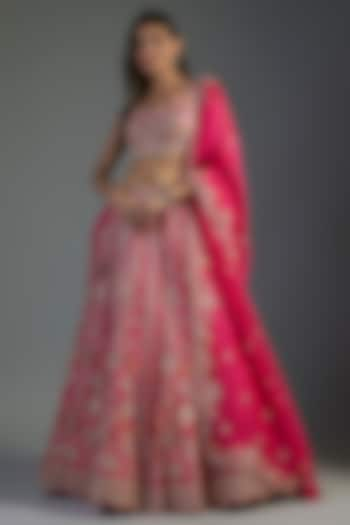 Fuchsia Organza Embroidered Bridal Lehenga Set by Aneesh Agarwaal at Pernia's Pop Up Shop