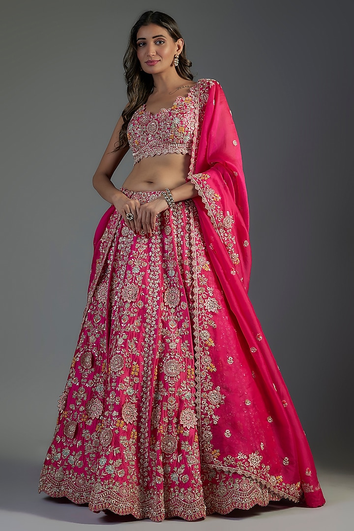 Fuchsia Organza Embroidered Bridal Lehenga Set by Aneesh Agarwaal at Pernia's Pop Up Shop