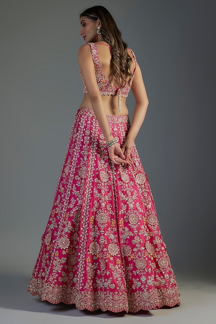 Fuchsia Organza Embroidered Bridal Lehenga Set by Aneesh Agarwaal at Pernia's Pop Up Shop