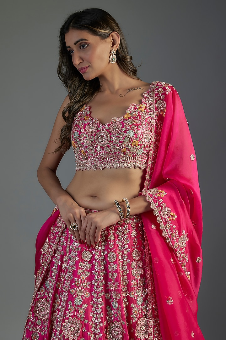 Fuchsia Organza Embroidered Bridal Lehenga Set by Aneesh Agarwaal at Pernia's Pop Up Shop