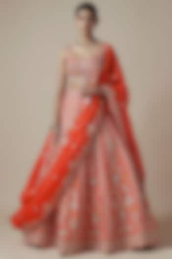 Rust Orange Organza Embroidered Bridal Lehenga Set by Aneesh Agarwaal at Pernia's Pop Up Shop