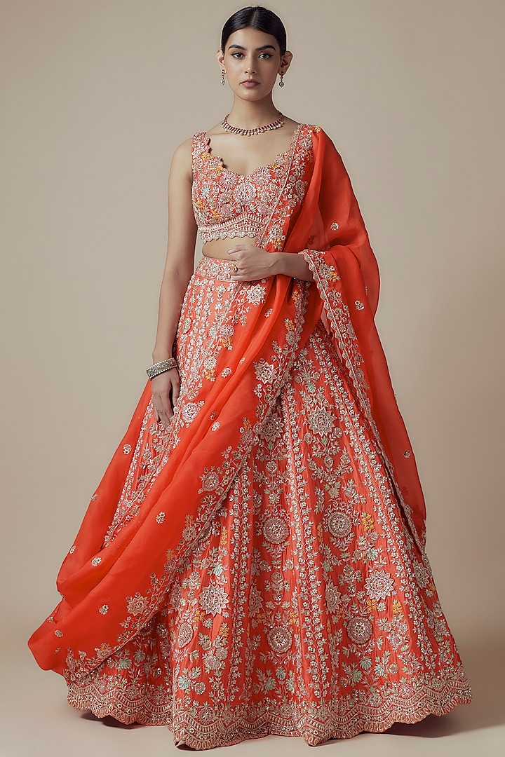 Rust Orange Organza Embroidered Bridal Lehenga Set by Aneesh Agarwaal at Pernia's Pop Up Shop