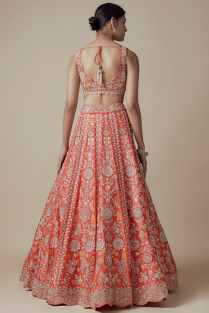 Rust Orange Organza Embroidered Bridal Lehenga Set by Aneesh Agarwaal at Pernia's Pop Up Shop