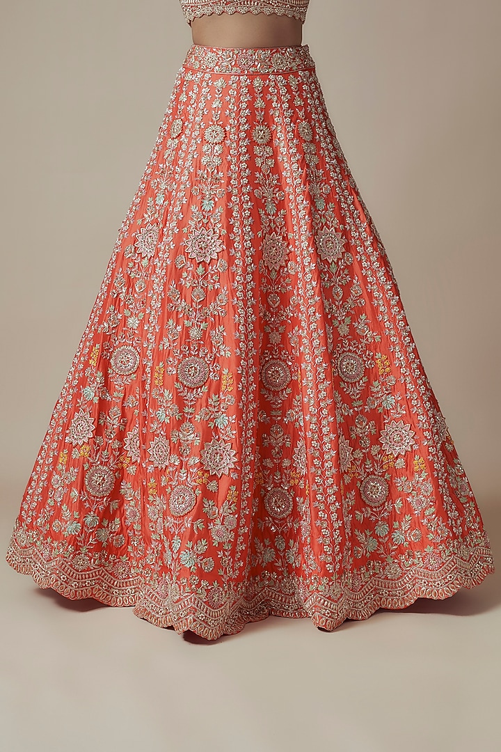 Rust Orange Organza Embroidered Bridal Lehenga Set by Aneesh Agarwaal at Pernia's Pop Up Shop