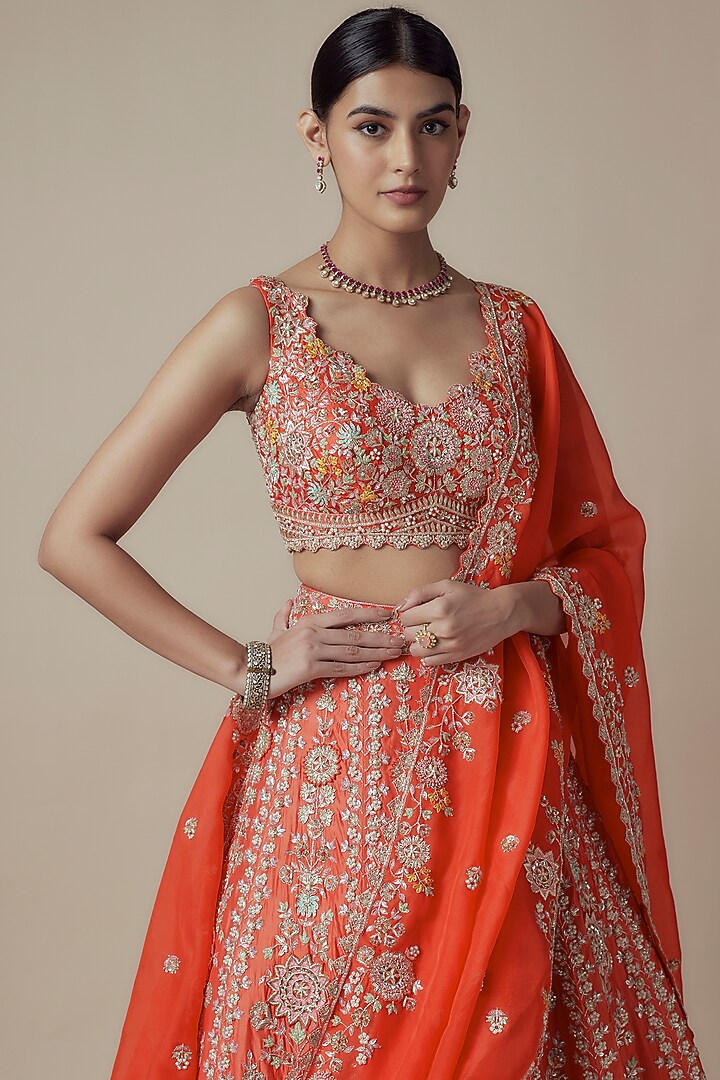 Rust Orange Organza Embroidered Bridal Lehenga Set by Aneesh Agarwaal at Pernia's Pop Up Shop