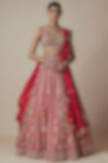 Red Organza Embroidered Bridal Lehenga Set by Aneesh Agarwaal at Pernia's Pop Up Shop