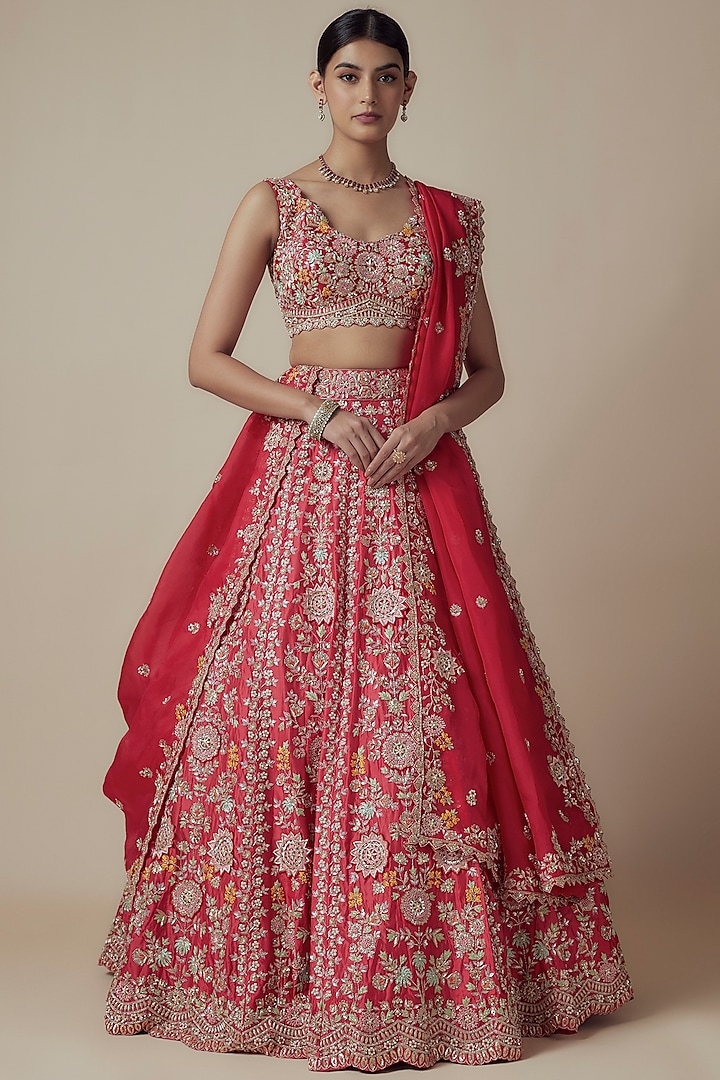 Red Organza Embroidered Bridal Lehenga Set by Aneesh Agarwaal at Pernia's Pop Up Shop