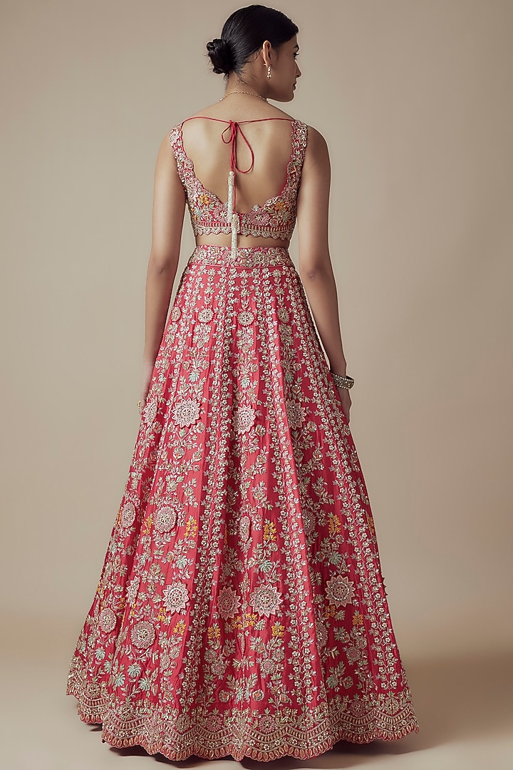 Red Organza Embroidered Bridal Lehenga Set by Aneesh Agarwaal at Pernia's Pop Up Shop