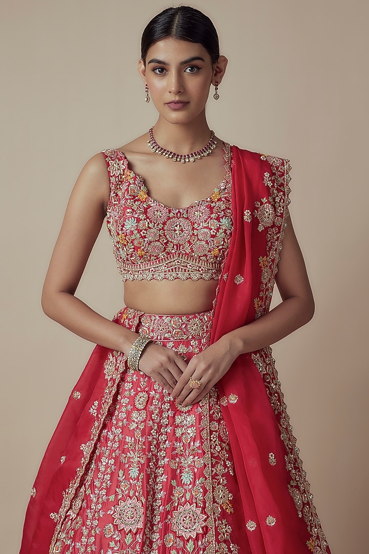 Red Organza Embroidered Bridal Lehenga Set by Aneesh Agarwaal at Pernia's Pop Up Shop