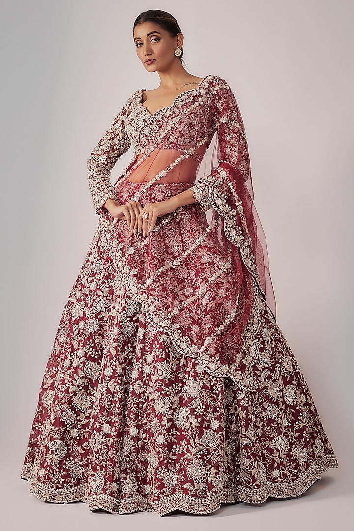 Maroon Organza Bridal Lehenga Set by Aneesh Agarwaal at Pernia's Pop Up Shop