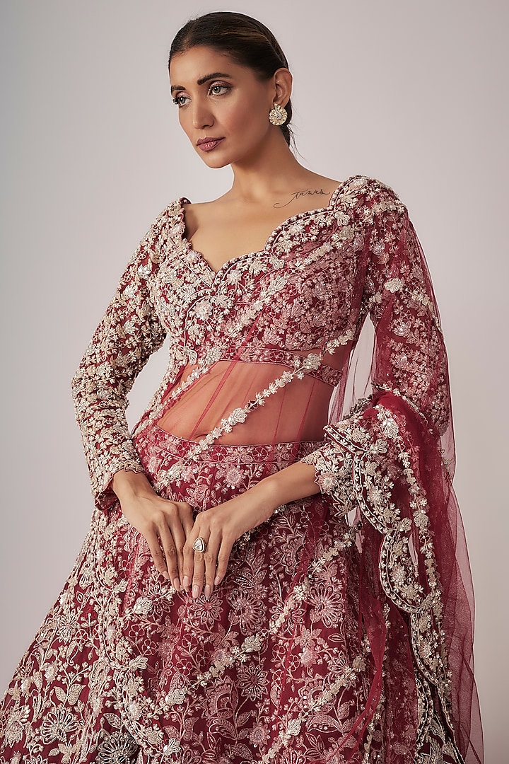 Maroon Organza Bridal Lehenga Set by Aneesh Agarwaal at Pernia's Pop Up Shop