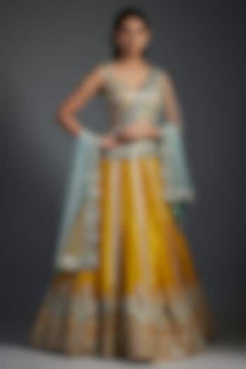 Lime Organza Bridal Lehenga Set by Aneesh Agarwaal at Pernia's Pop Up Shop