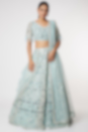 Turquoise Embroidered Wedding Lehenga Set by Aneesh Agarwaal at Pernia's Pop Up Shop