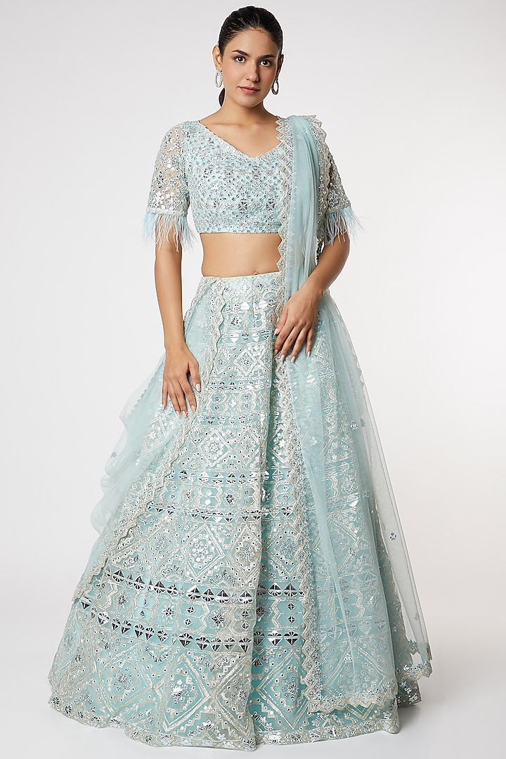 Turquoise Embroidered Wedding Lehenga Set by Aneesh Agarwaal at Pernia's Pop Up Shop