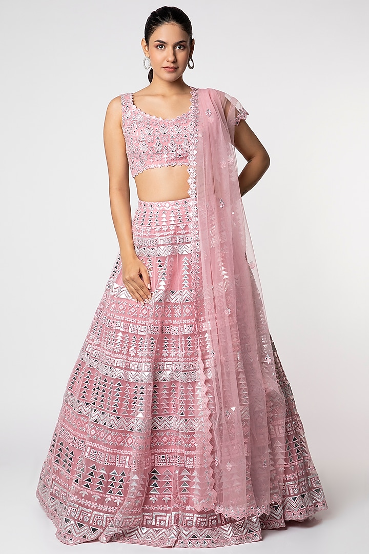 Blush Pink Net Applique & Mirror Embroidered Bridal Lehenga Set by Aneesh Agarwaal at Pernia's Pop Up Shop