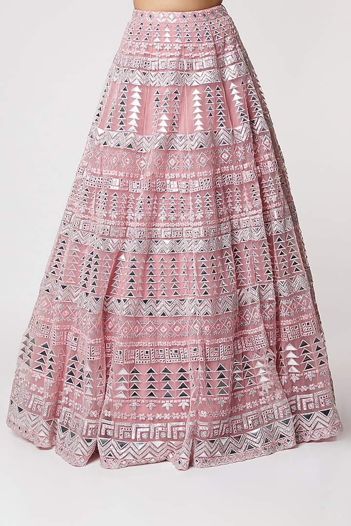 Blush Pink Net Applique & Mirror Embroidered Bridal Lehenga Set by Aneesh Agarwaal at Pernia's Pop Up Shop