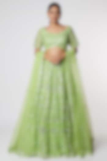 Lime Net Mirror & Floral Geometric Embroidered Bridal Lehenga Set by Aneesh Agarwaal at Pernia's Pop Up Shop