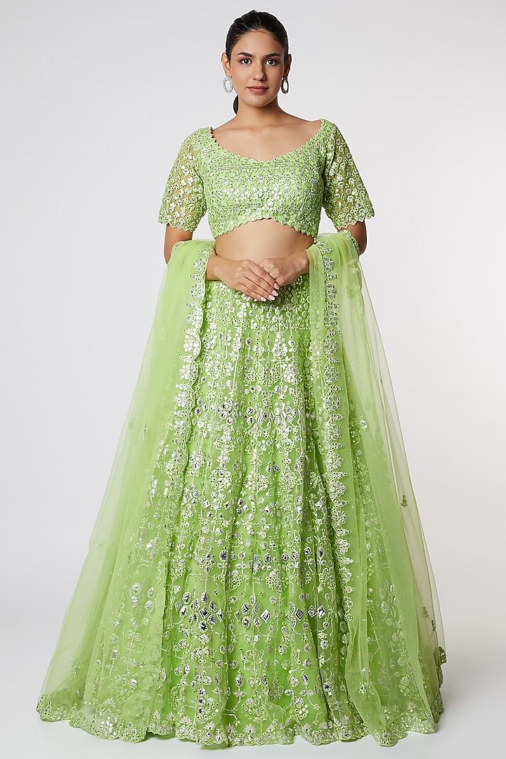 Lime Floral Embroidered Lehenga Set by Aneesh Agarwaal