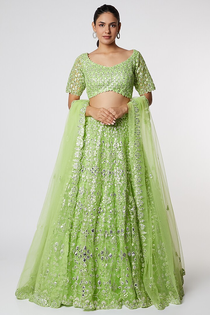Lime Net Mirror & Floral Geometric Embroidered Bridal Lehenga Set by Aneesh Agarwaal at Pernia's Pop Up Shop