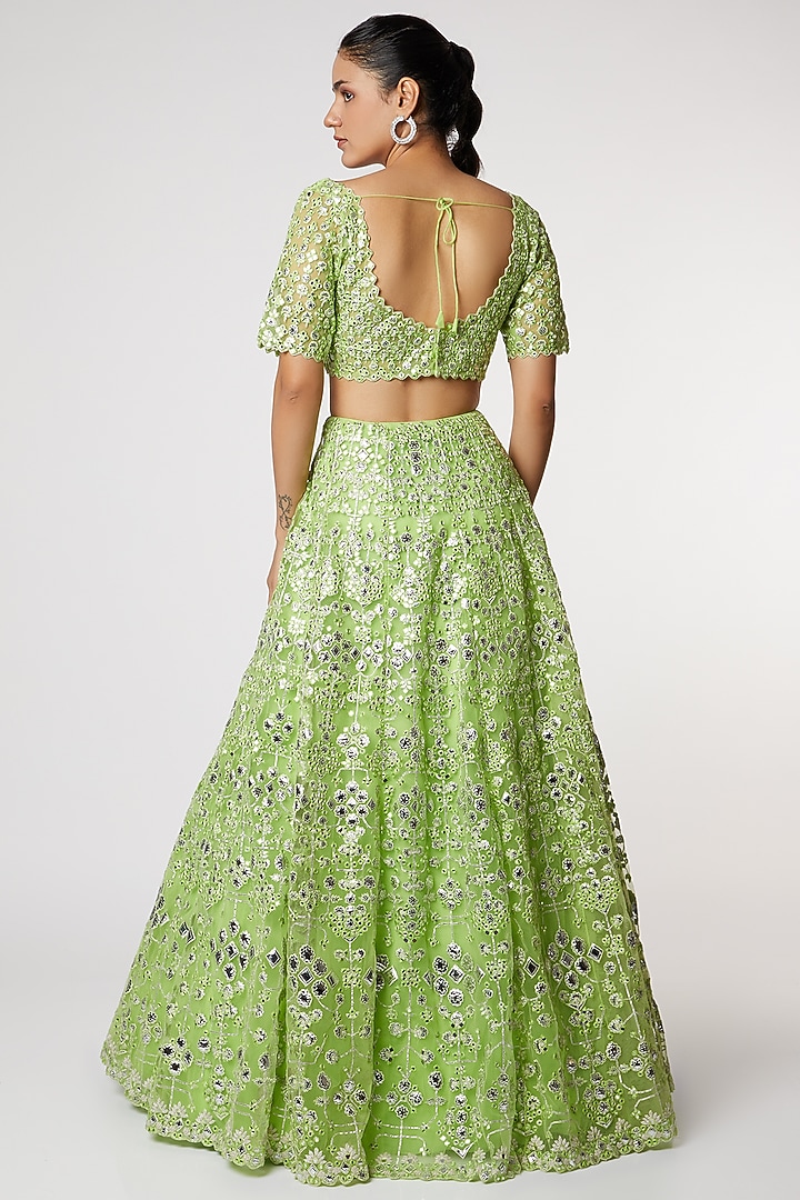Lime Net Mirror & Floral Geometric Embroidered Bridal Lehenga Set by Aneesh Agarwaal at Pernia's Pop Up Shop