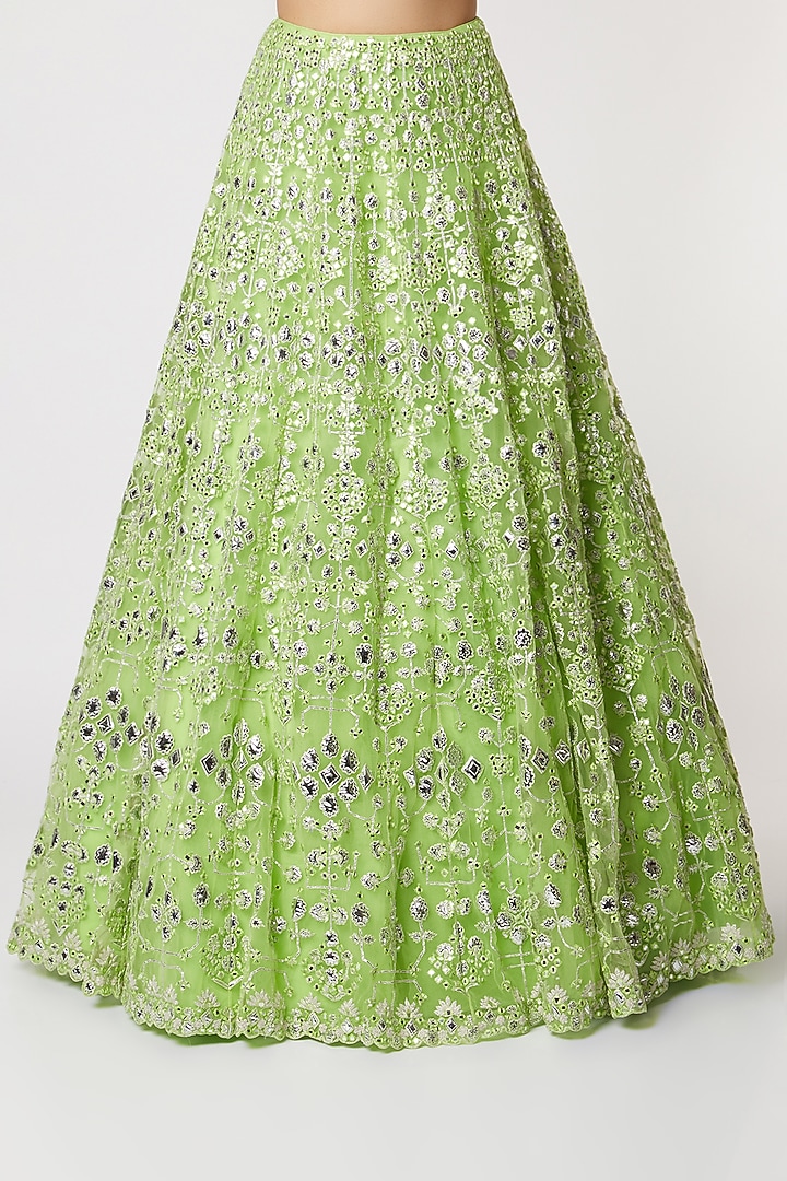 Lime Net Mirror & Floral Geometric Embroidered Bridal Lehenga Set by Aneesh Agarwaal at Pernia's Pop Up Shop