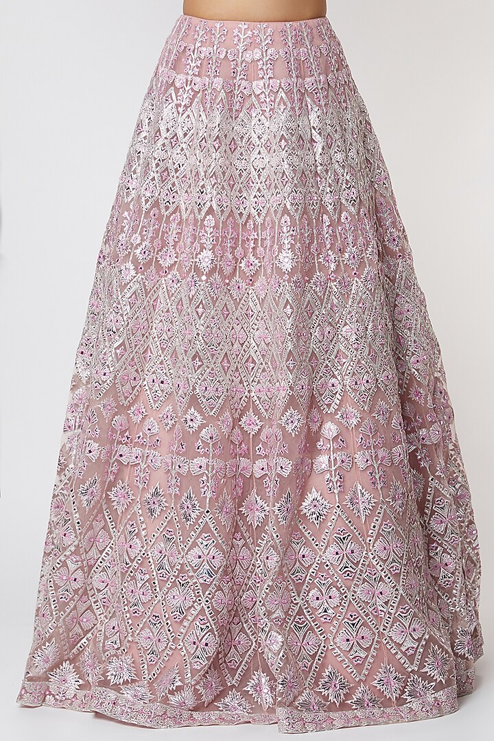 Subtle Pink Foil Applique & Mirror Embroidered Bridal Lehenga Set by Aneesh Agarwaal at Pernia's Pop Up Shop