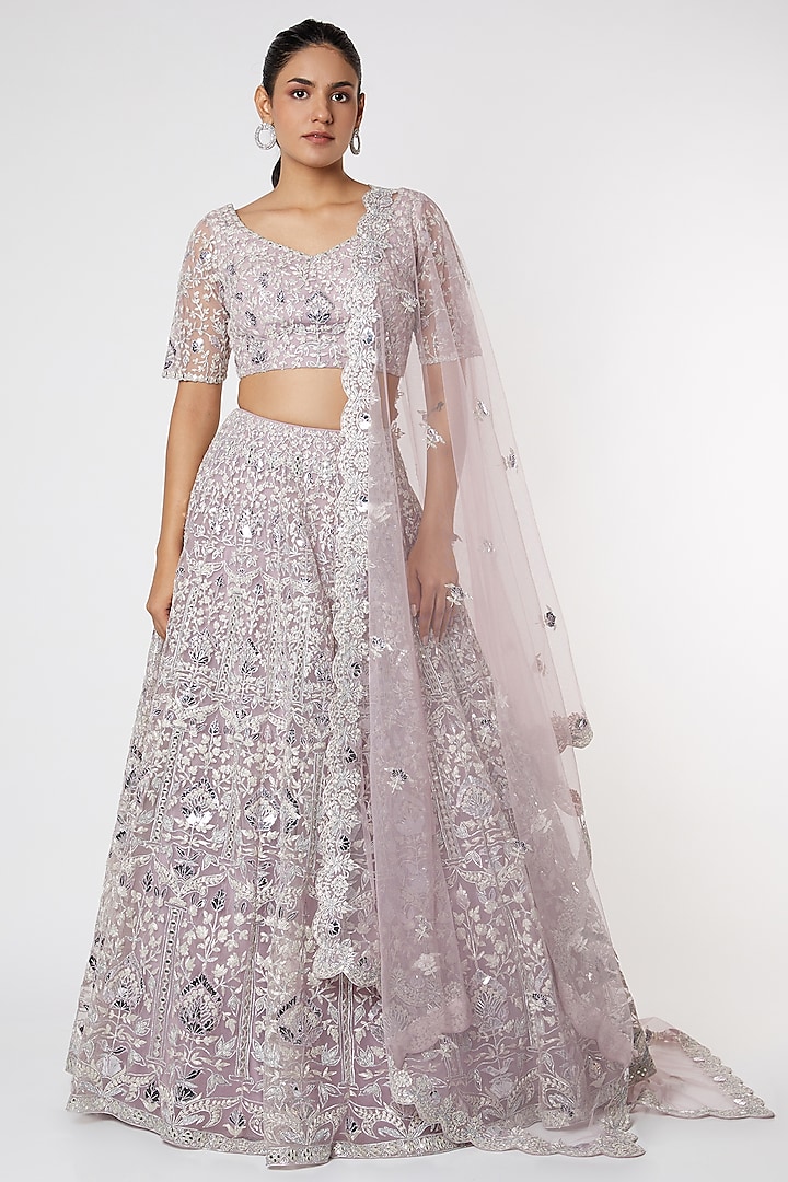 Pastel Mauve Embroidered Lehenga Set by Aneesh Agarwaal