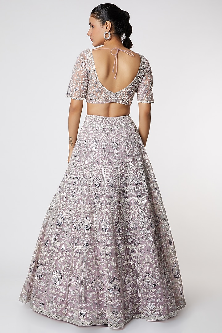 Pastel Mauve Net Mirror & Zari Embroidered Bridal Lehenga Set by Aneesh Agarwaal at Pernia's Pop Up Shop