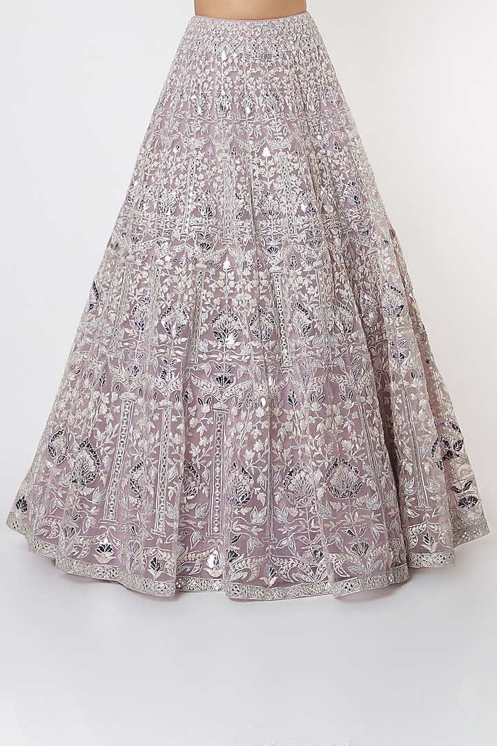 Pastel Mauve Net Mirror & Zari Embroidered Bridal Lehenga Set by Aneesh Agarwaal at Pernia's Pop Up Shop