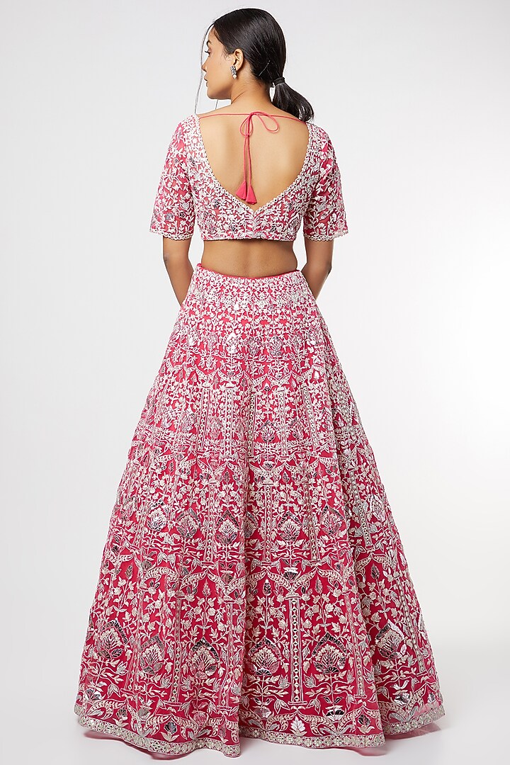 Fuchsia Net Foil Applique & Mirror Work Bridal Lehenga Set by Aneesh Agarwaal at Pernia's Pop Up Shop