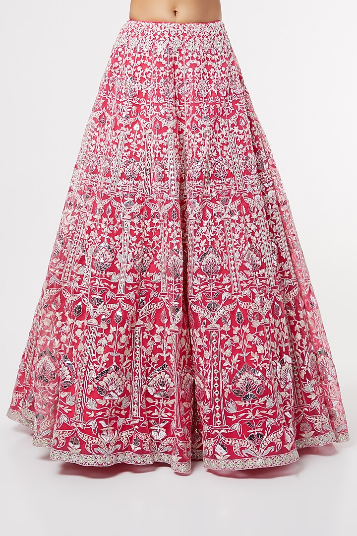 Fuchsia Net Foil Applique & Mirror Work Bridal Lehenga Set by Aneesh Agarwaal at Pernia's Pop Up Shop